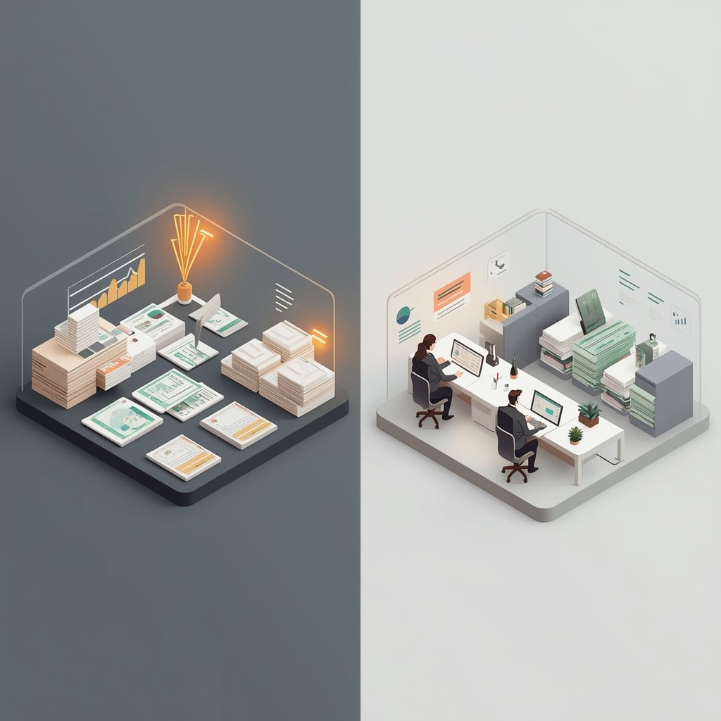 Two office models side by side: dark with paper stacks, bright with a team at screens