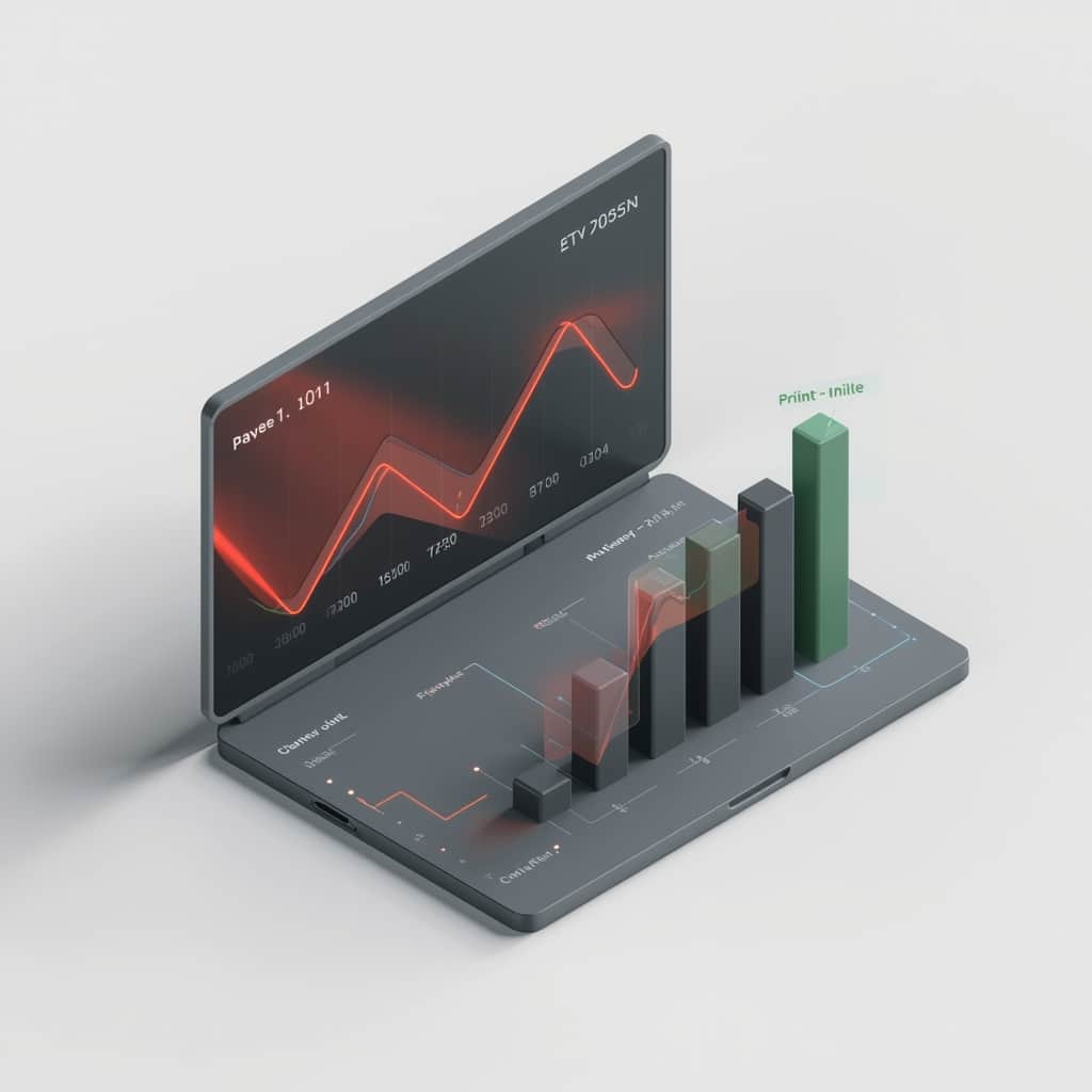 Isometric laptop with a finance chart and rising bar graphs
