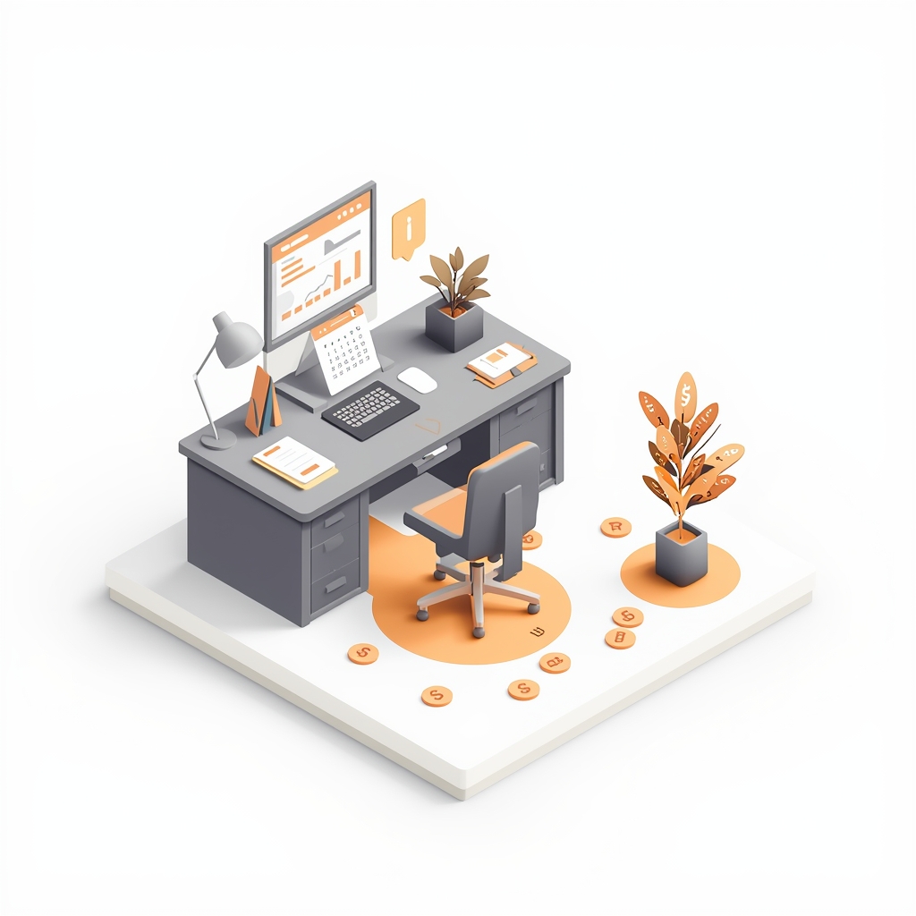 Isometric office with a desk, monitor and coins on the floor