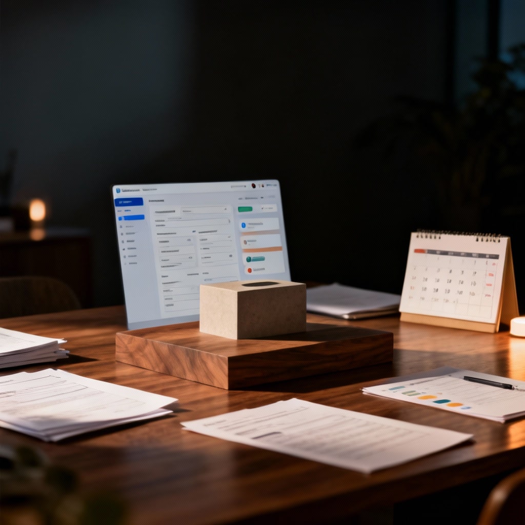 Laptop with an admin interface on a wooden block, calendar and documents beside it