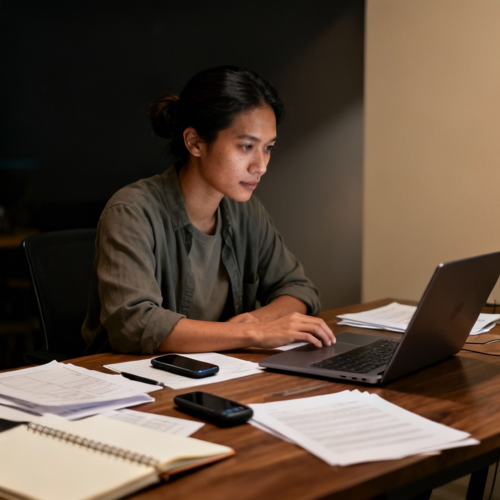 Frau arbeitet abends am Laptop zwischen Papieren und Notizbuch