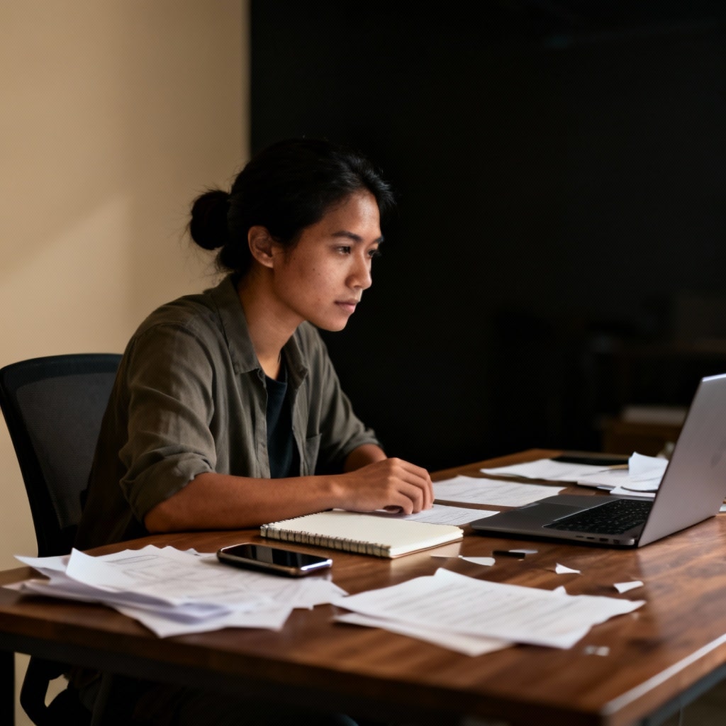 Woman reading intently on a laptop, documents and smartphone on the table