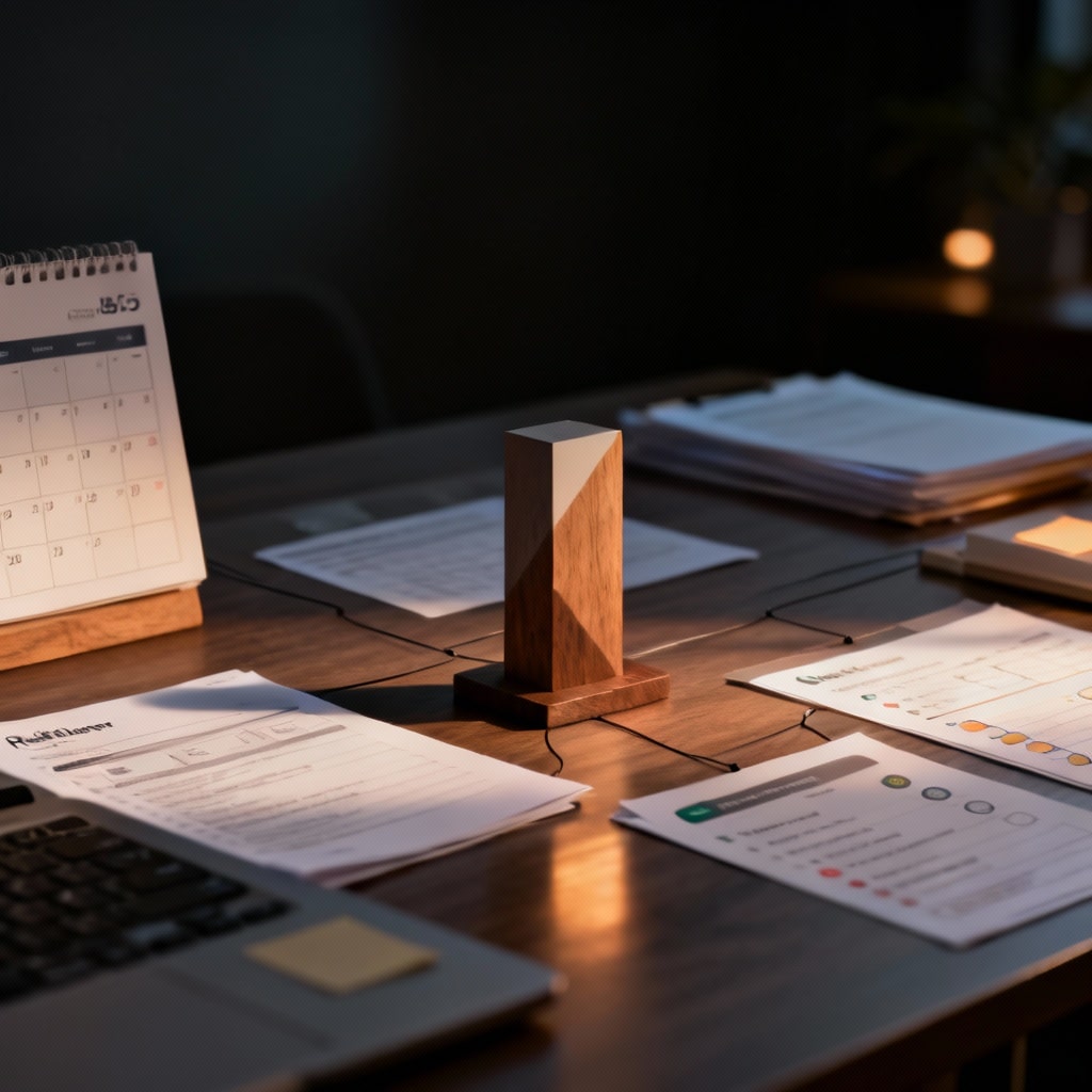 Desk with calendar, documents and laptop, a wooden object in the centre