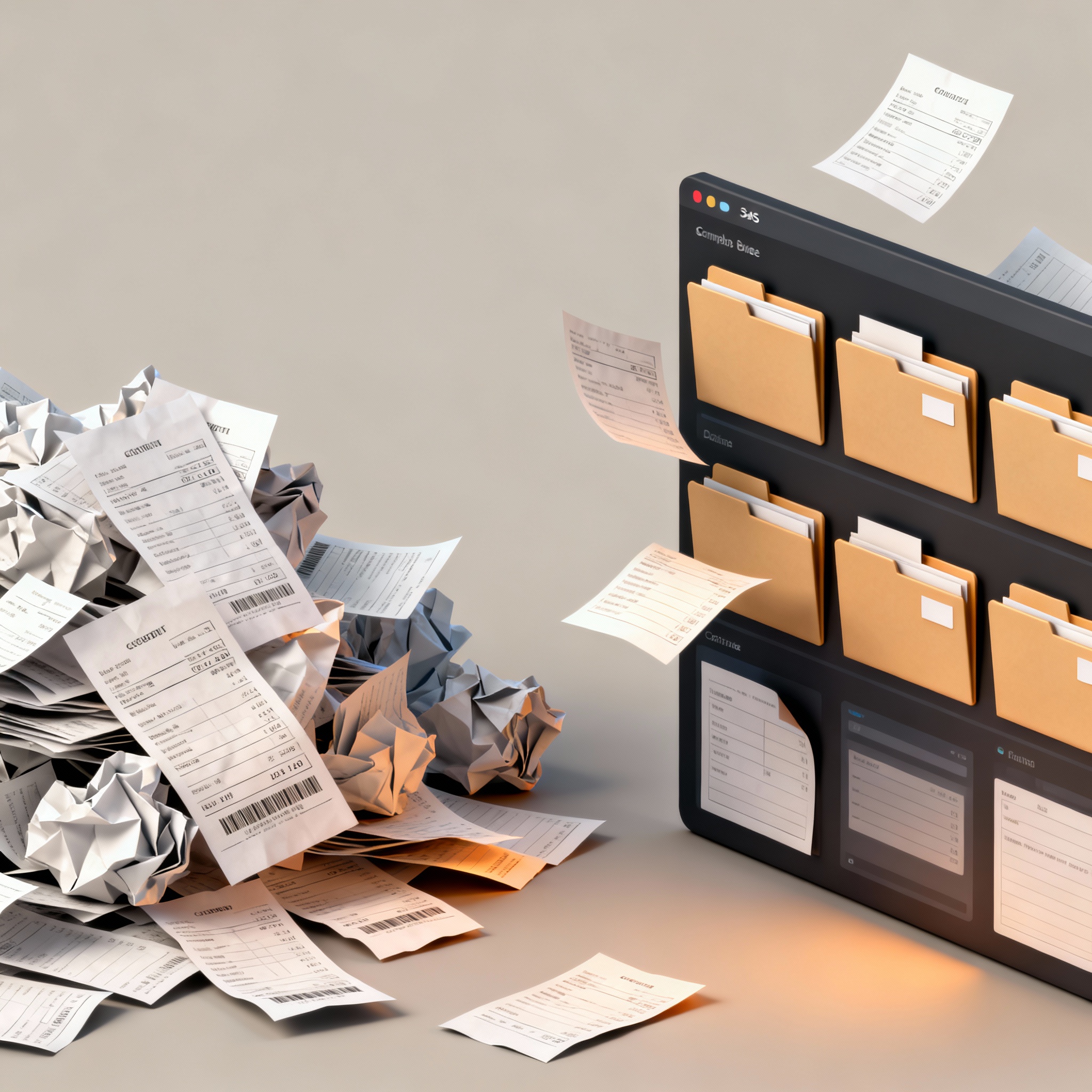 Crumpled receipts next to a screen with neatly filed receipt folders