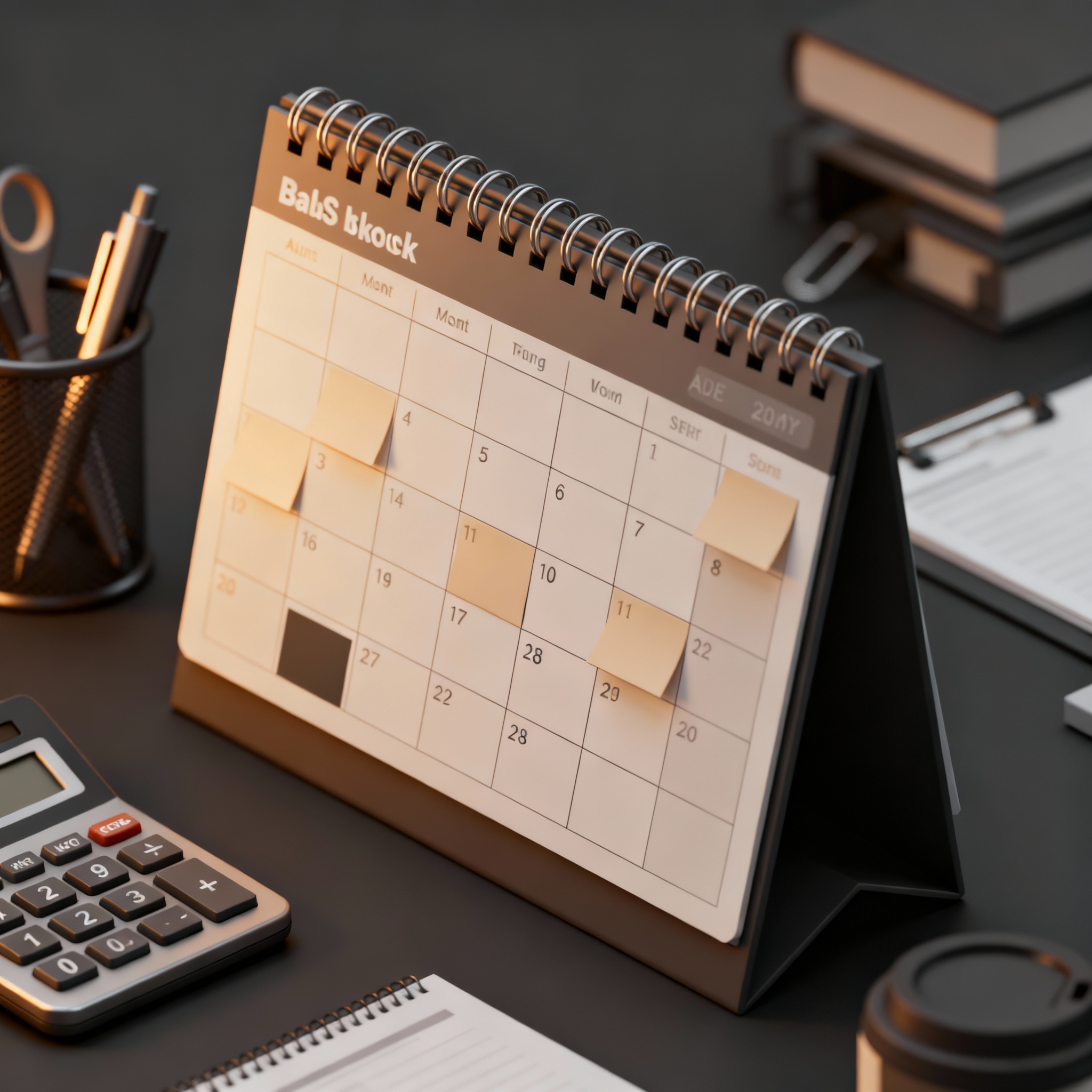 Desk calendar with sticky notes, a calculator and office supplies