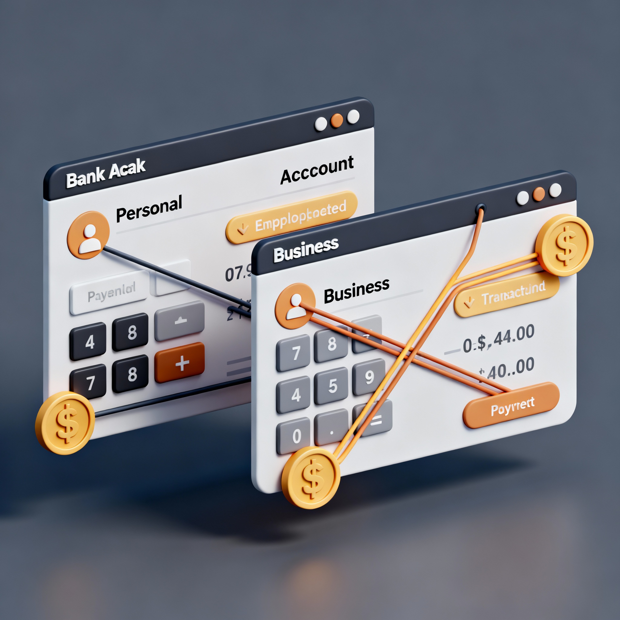 Two screens showing a personal and a business bank account, mixed up by crossed lines