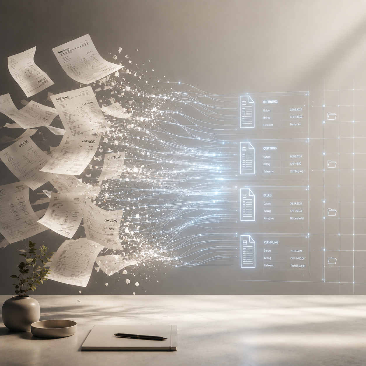 Fliegende Papierbelege lösen sich in Datenpunkte auf und werden zu einer digitalen Liste