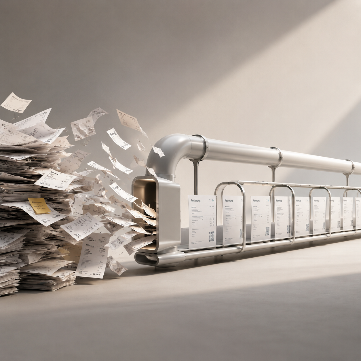 Ungeordneter Papierhaufen wird durch eine Maschine zu einer Reihe ordentlicher Rechnungen