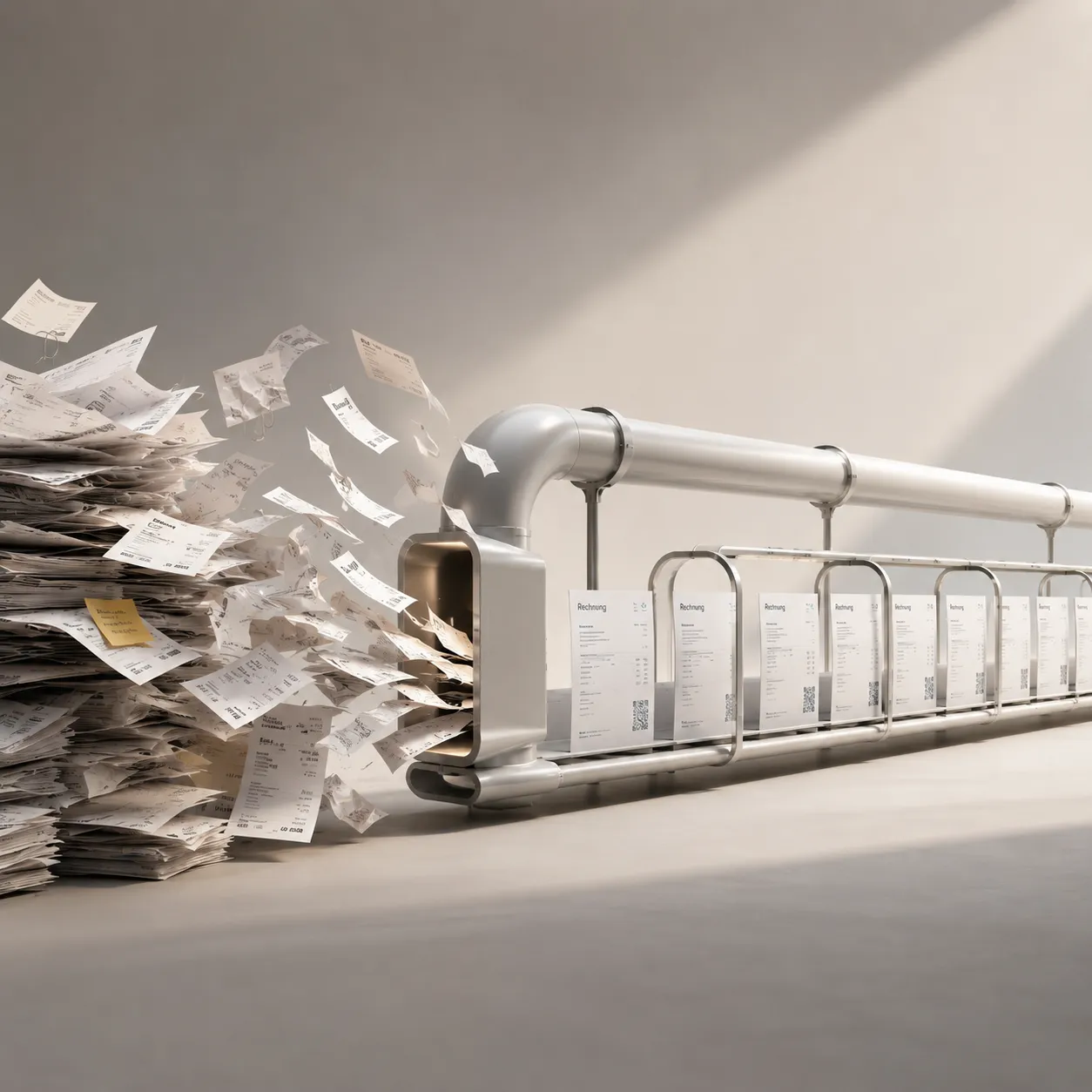 Ungeordneter Papierhaufen wird durch eine Maschine zu einer Reihe ordentlicher Rechnungen
