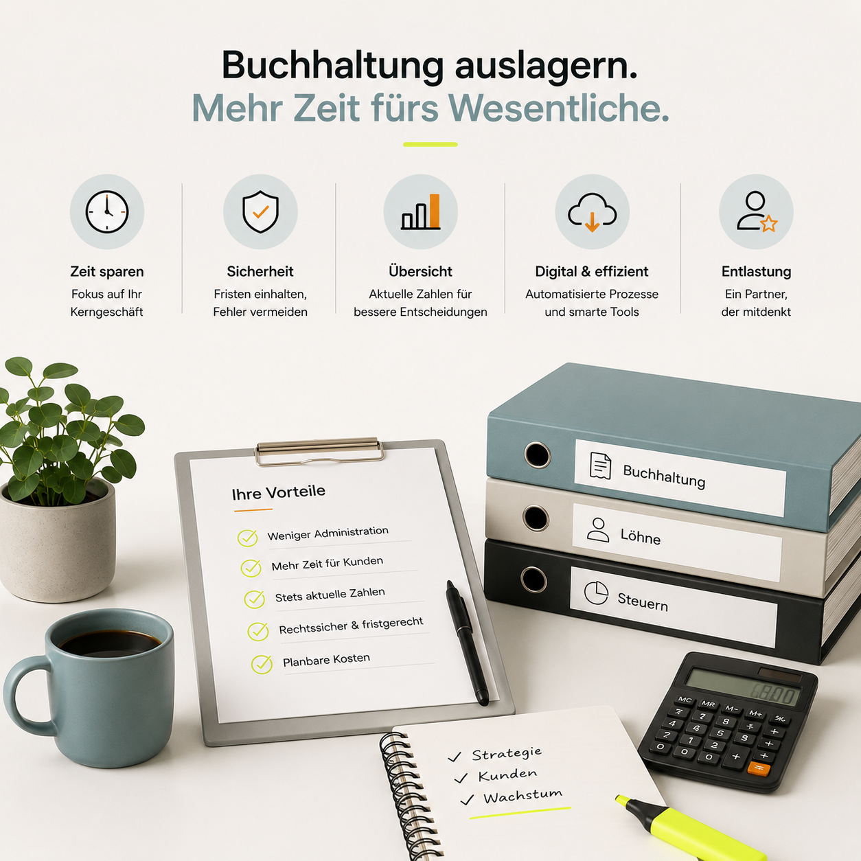 Grafik «Buchhaltung auslagern – mehr Zeit fürs Wesentliche» mit Vorteilen, Ordnern für Buchhaltung, Löhne und Steuern
