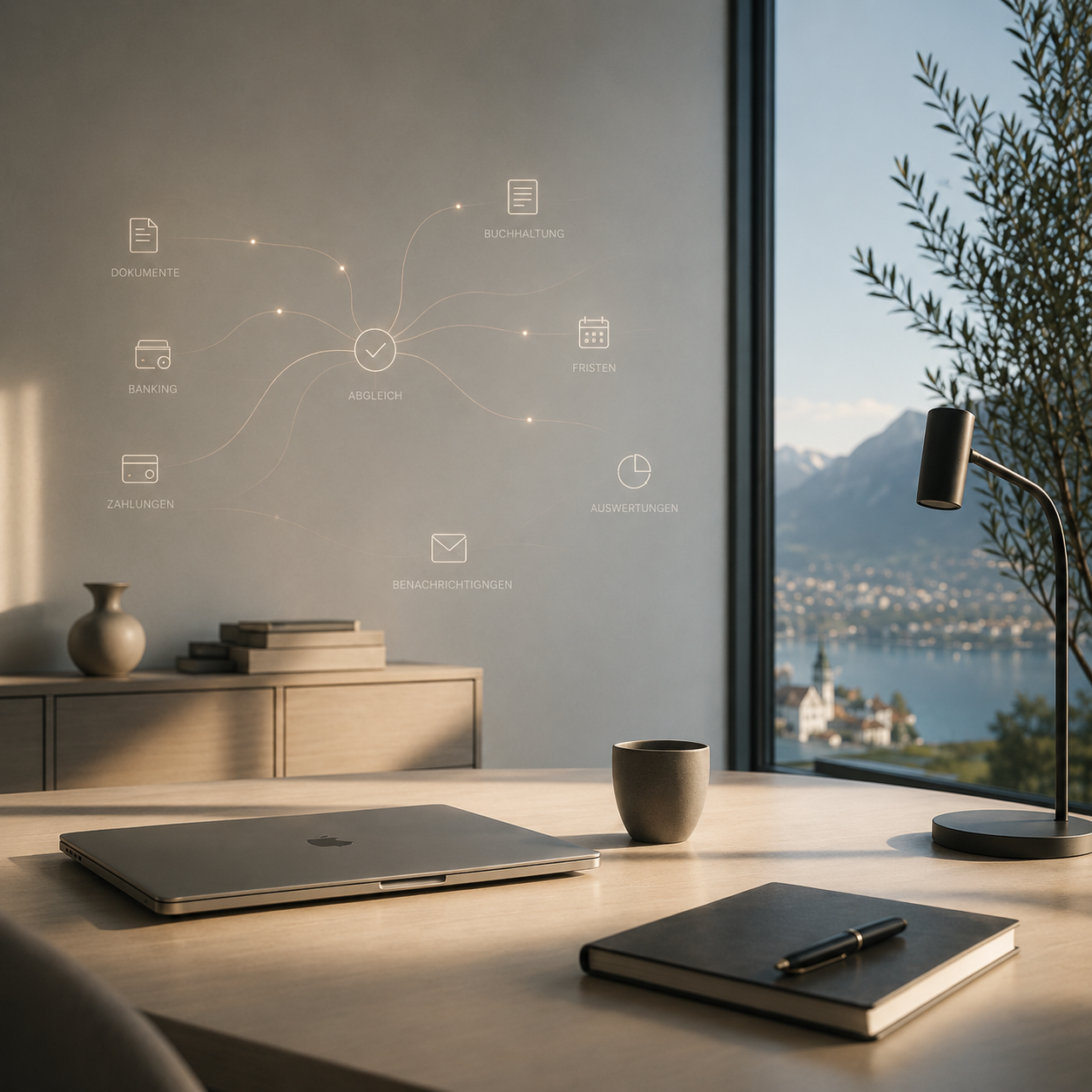 Aufgeräumter Schreibtisch mit Laptop und Notizbuch, an der Wand ein Netz verbundener Backoffice-Symbole