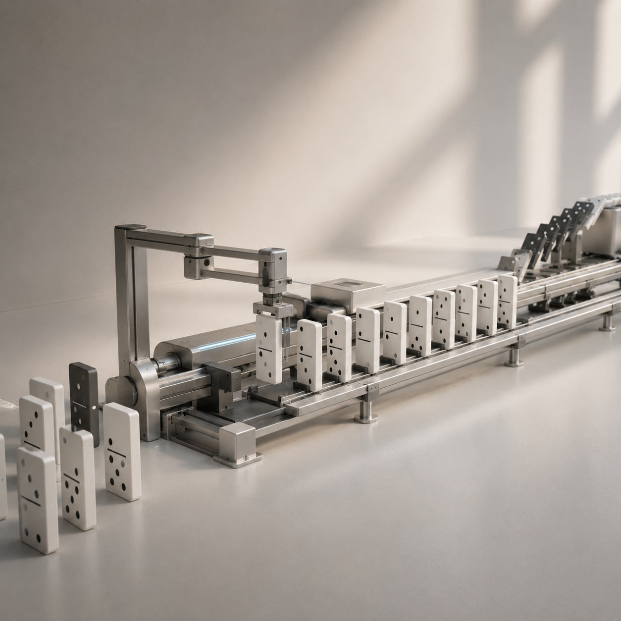 Maschine mit Roboterarm und Dominosteinen – Fehlerkette bei manueller Rechnungsstellung