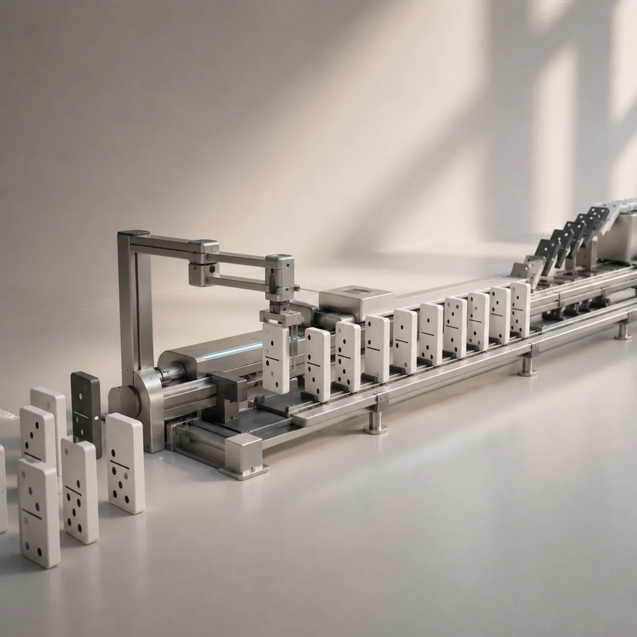 Maschine mit Roboterarm und Dominosteinen – Fehlerkette bei manueller Rechnungsstellung