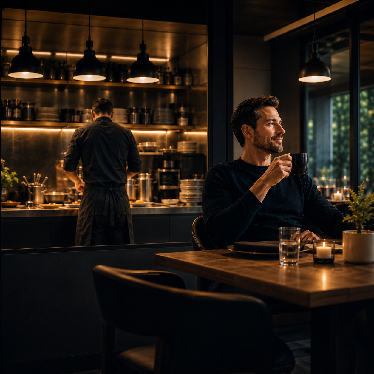 Mann mit Kaffeetasse in einem Restaurant, im Hintergrund ein Koch in der Küche