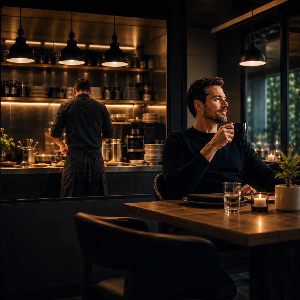 Mann mit Kaffeetasse in einem Restaurant, im Hintergrund ein Koch in der Küche